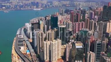 香港-2018年5月：维多利亚港<strong>铜锣</strong>湾区鸟瞰图，住宅和商业摩天大楼。